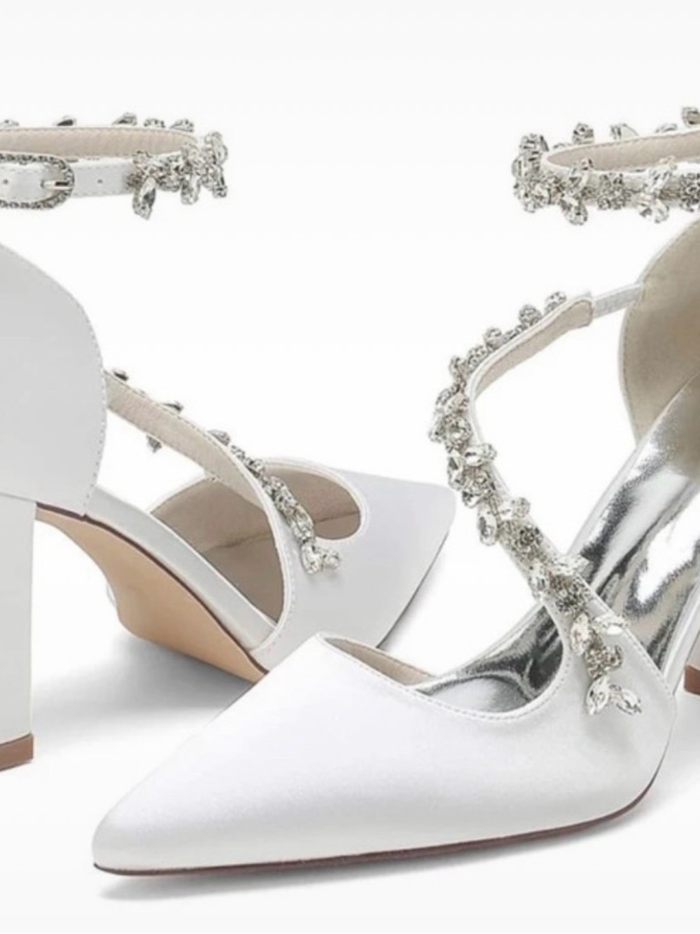 Embellished White Satin Block Heel Pumps